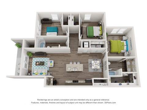Floor plan for 3 beds, 2 baths, 1310 sqft